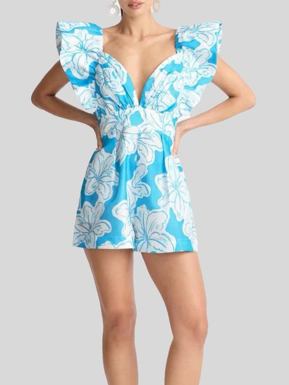 Sheike Tropic Breeze Floral Blue Plunging Neckline Romper Size XS